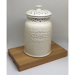 California Pantry Coffee Canister Jar w/Lid Ceramics Ivory Filigree Top 7" Tall